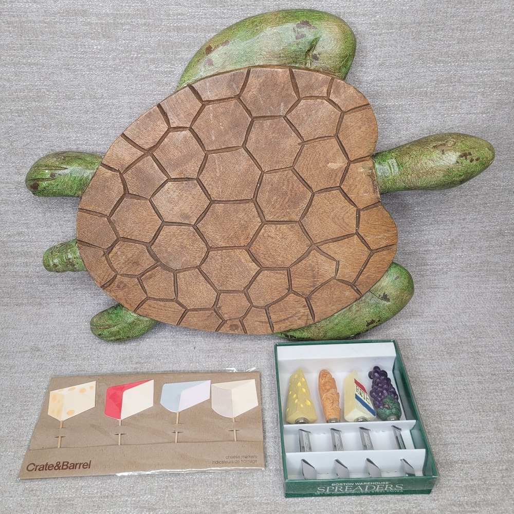 Pottery Barn Turtle Cheese Board Wood Charcuterie w Spreaders & Flags RARE! - Picture 2 of 16